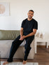 Men Summer Pajama Set Black Buttoned Tee + Pants